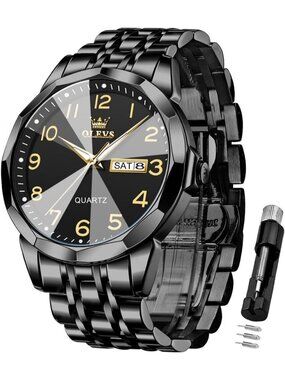 Men's Black Analog Simple Business Stainless Steel Waterproof Luminous Watch